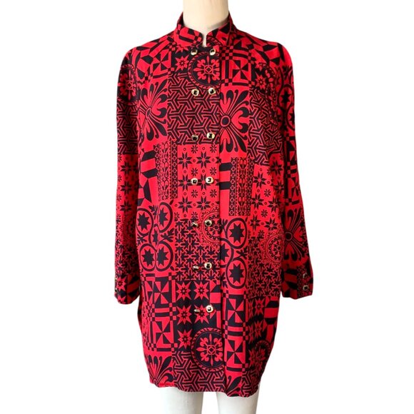 Vintage Modiana Red Black Graphic Pattern Button Up Collar Tunic Dress Shirt Top - Picture 1 of 16